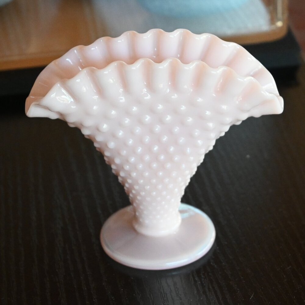 VTG Fenton Style Pink Milk Glass Hobnail Fan Vase Ruffled Rim Pedestal Base 4"